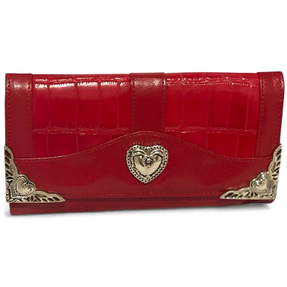 Designer Inspired Croc Embossed Red Leather Silver Decorative Heart/Edge Detail